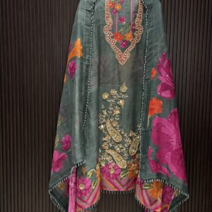 GREY ORGANZA DIGITAL PRINT WITH WORK